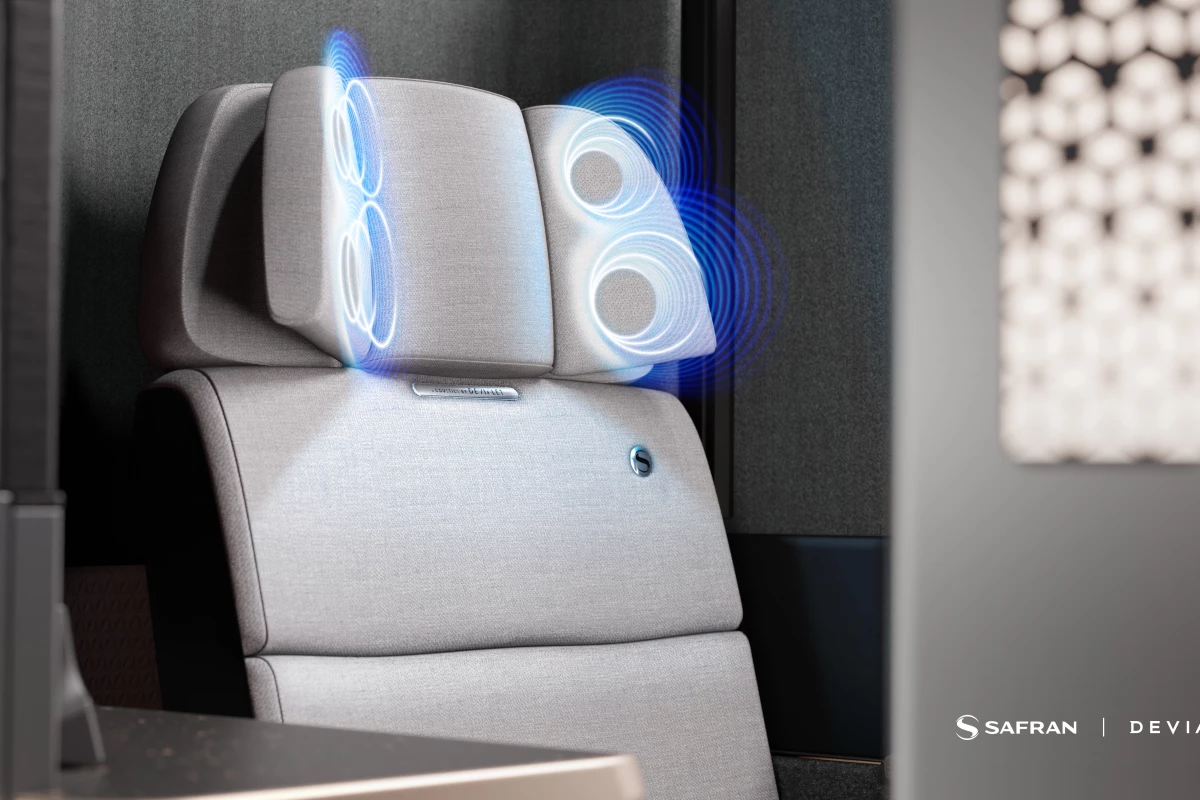 The Euphony experience combines Safran aircraft seating design with Devialet acoustic know-how to create headset-free personal audio delivery for first-class travelers