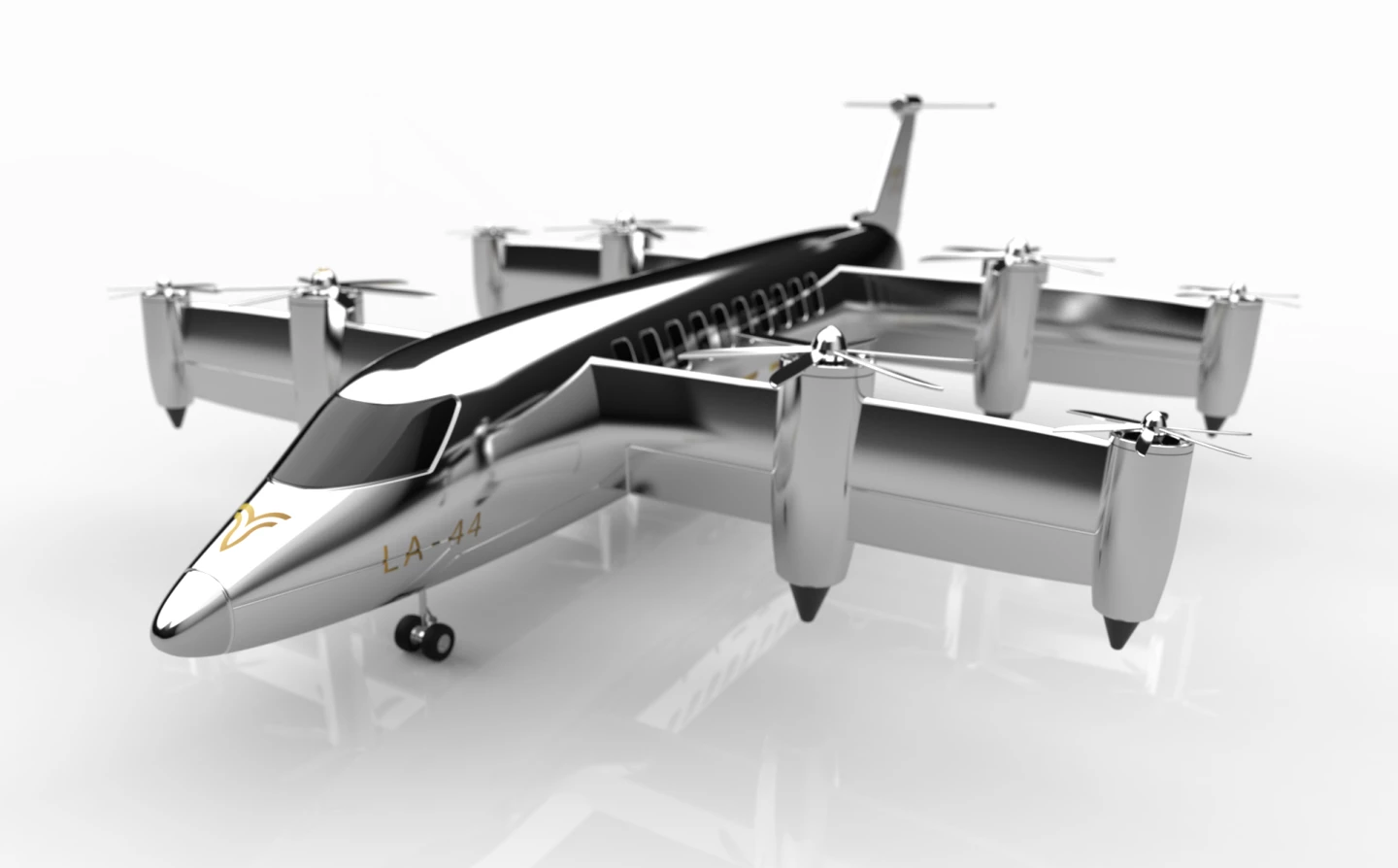 Eight curiously small rotors mounted on tilting wings