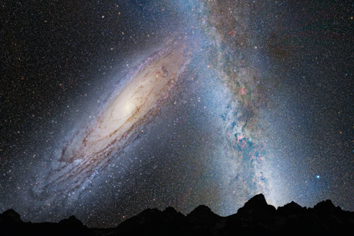 3.75 billion years from now - the nighttime sky showing the Andromeda galaxy (M31) early in its collision with our Milky Way galaxy (Image: NASA / STScI)