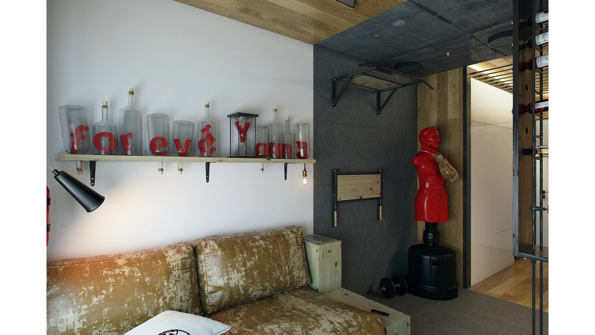 The living room has a built-in sofa lounge and boxing corner