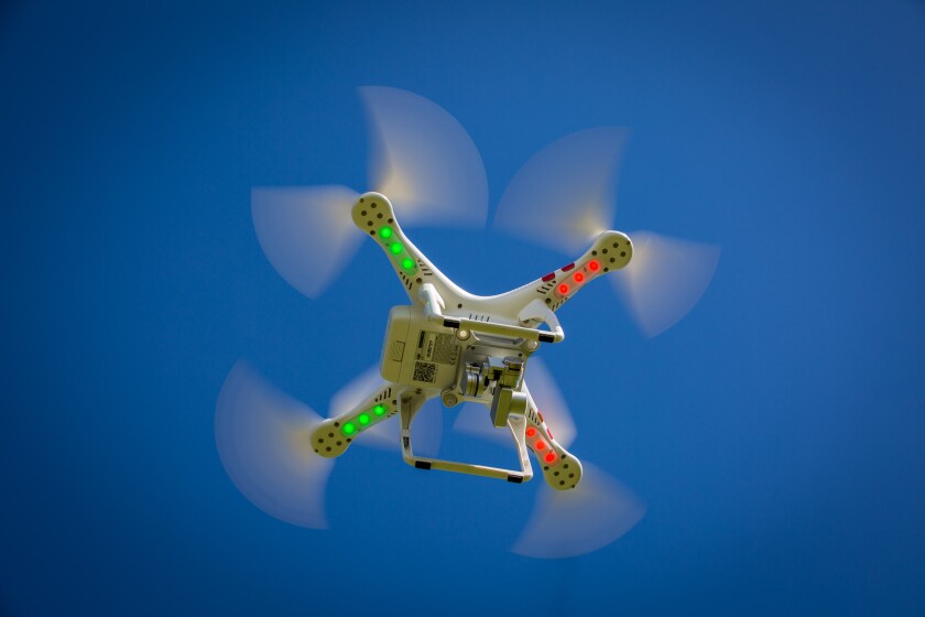 The Phantom 2 Vision+, showing the stabilizing gimbal and camera beneath the drone (Photo: Noel McKeegan/Gizmag.com)