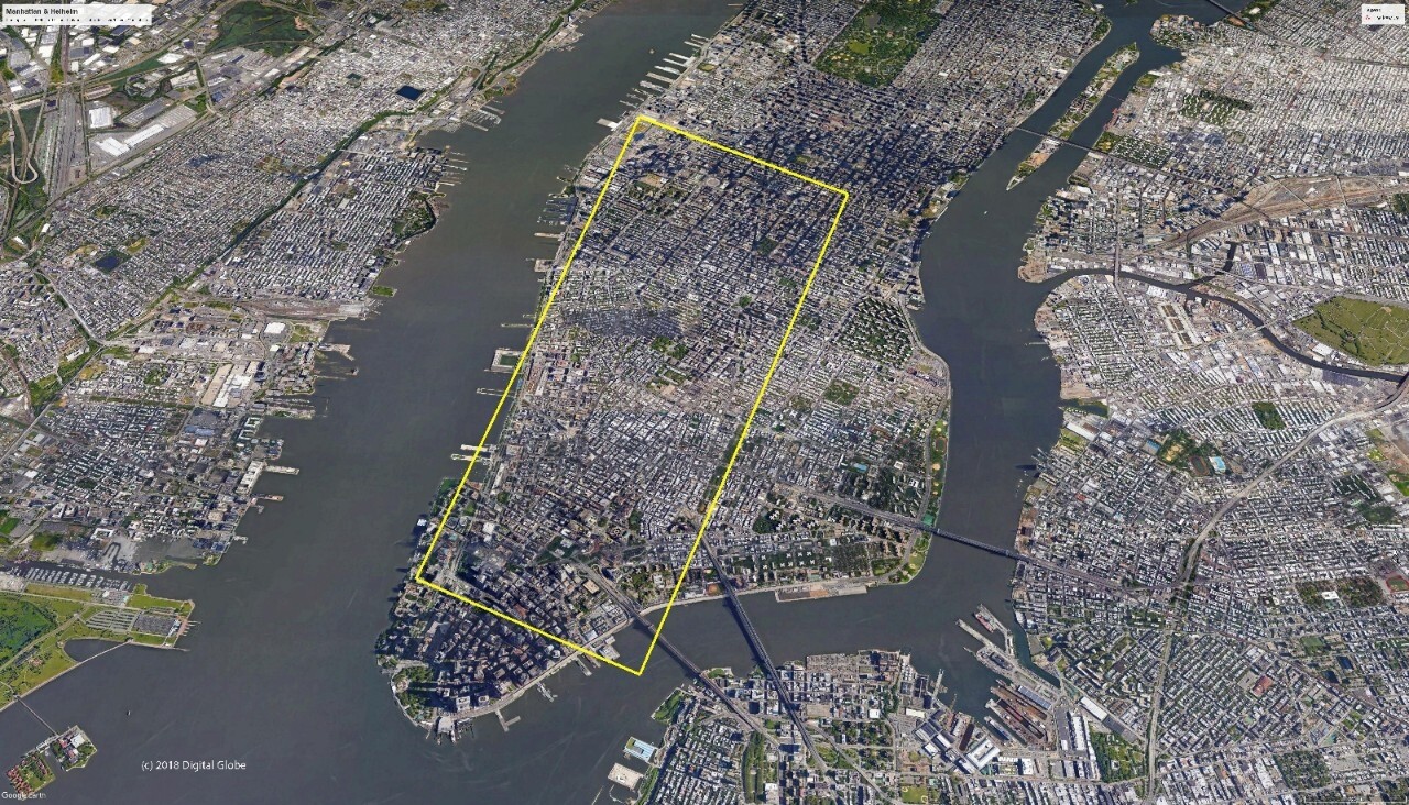 The calved iceberg would reach from lower Manhattan to Midtown in New York City