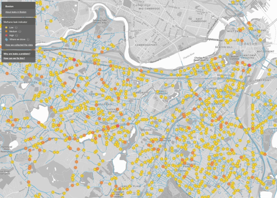 A methane leak map from one of the pilot studies showing small, medium and large leak locations in Boston