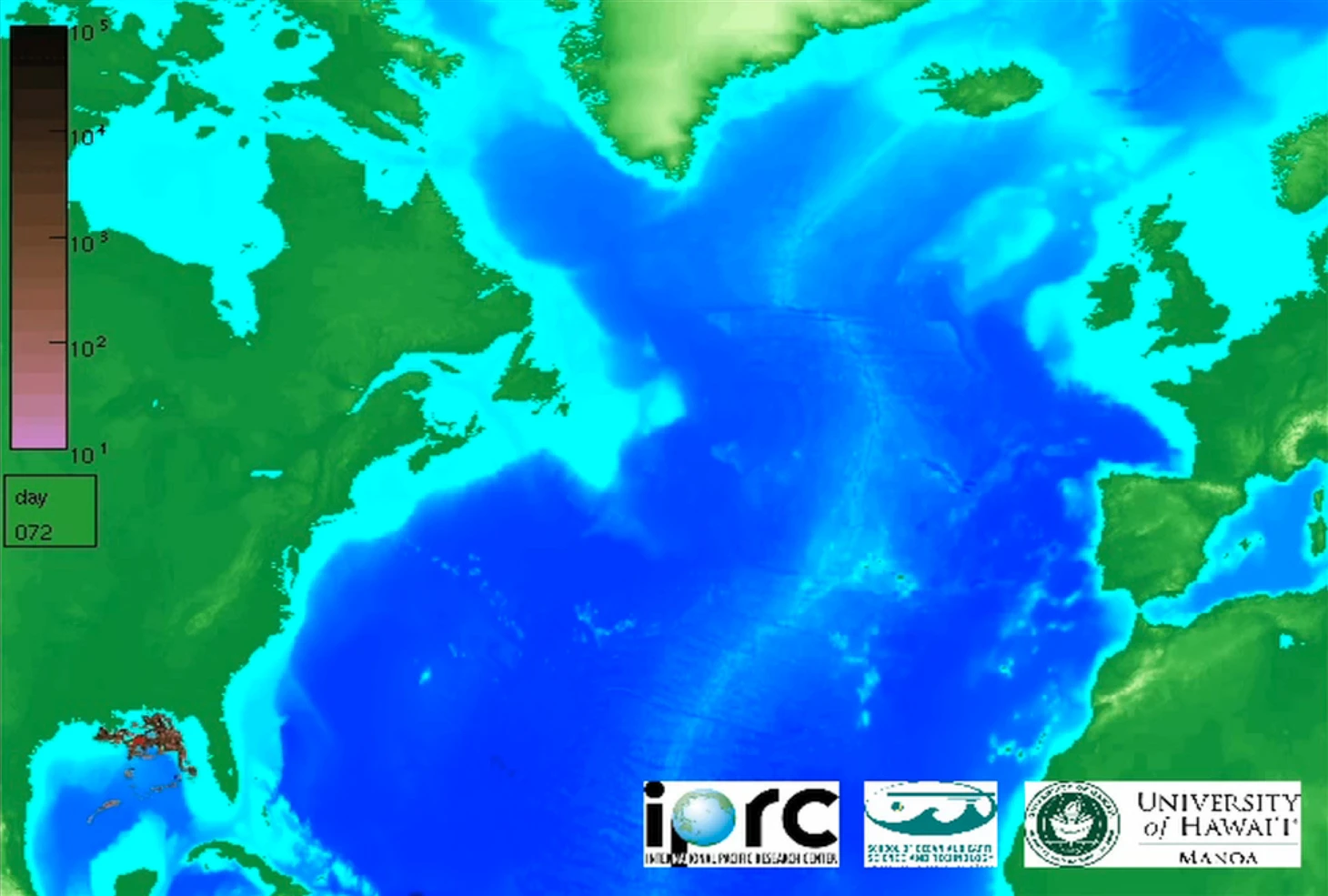 The computer animation's prediction of the oil spill after 72 days - July 2nd 2010 (Image: IPRC/SOEST/UHM)