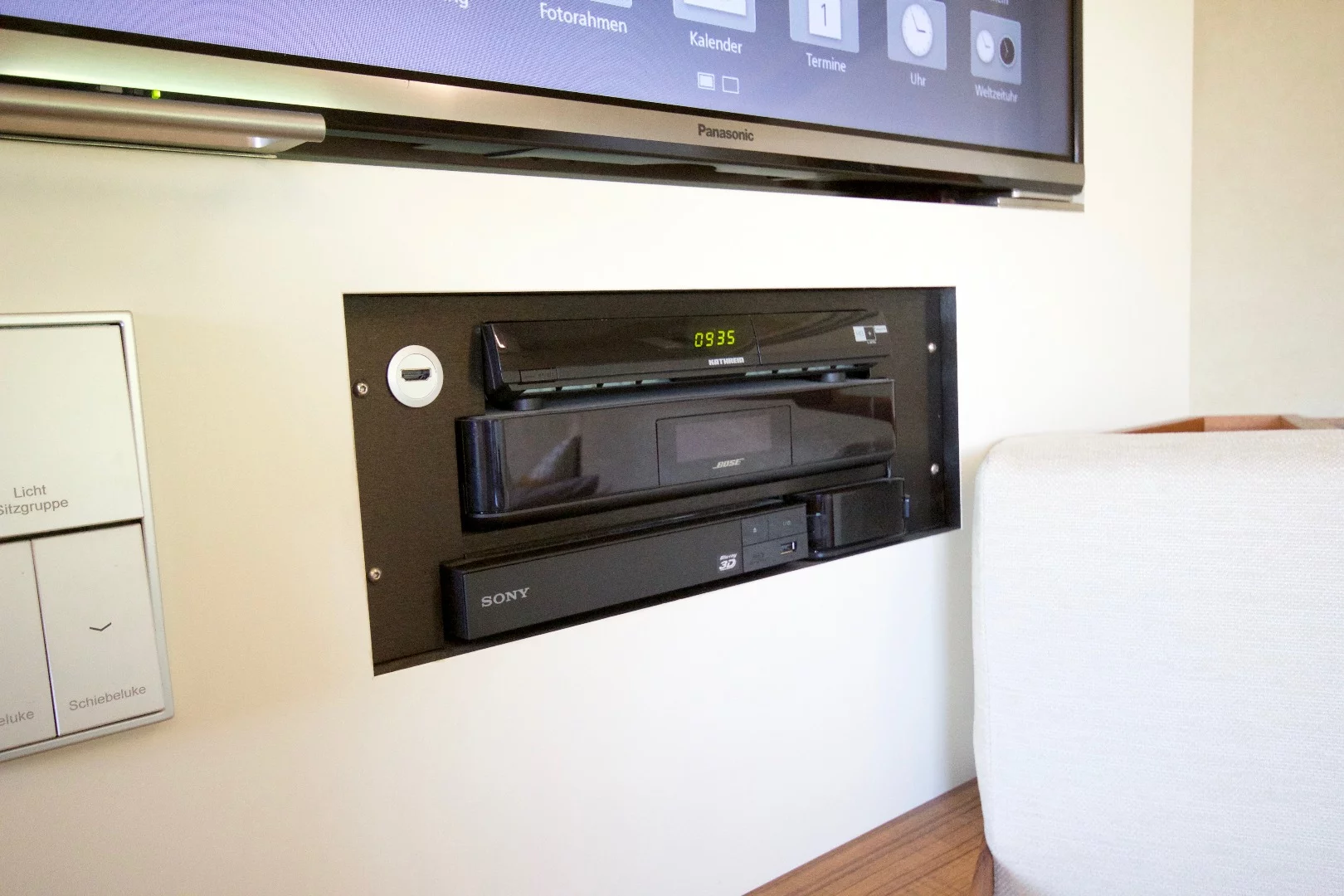 We imagine buyers can add their own preferred entertainment equipment, but this one includes a Bose receiver, Sony Blu-ray player and Apple TV