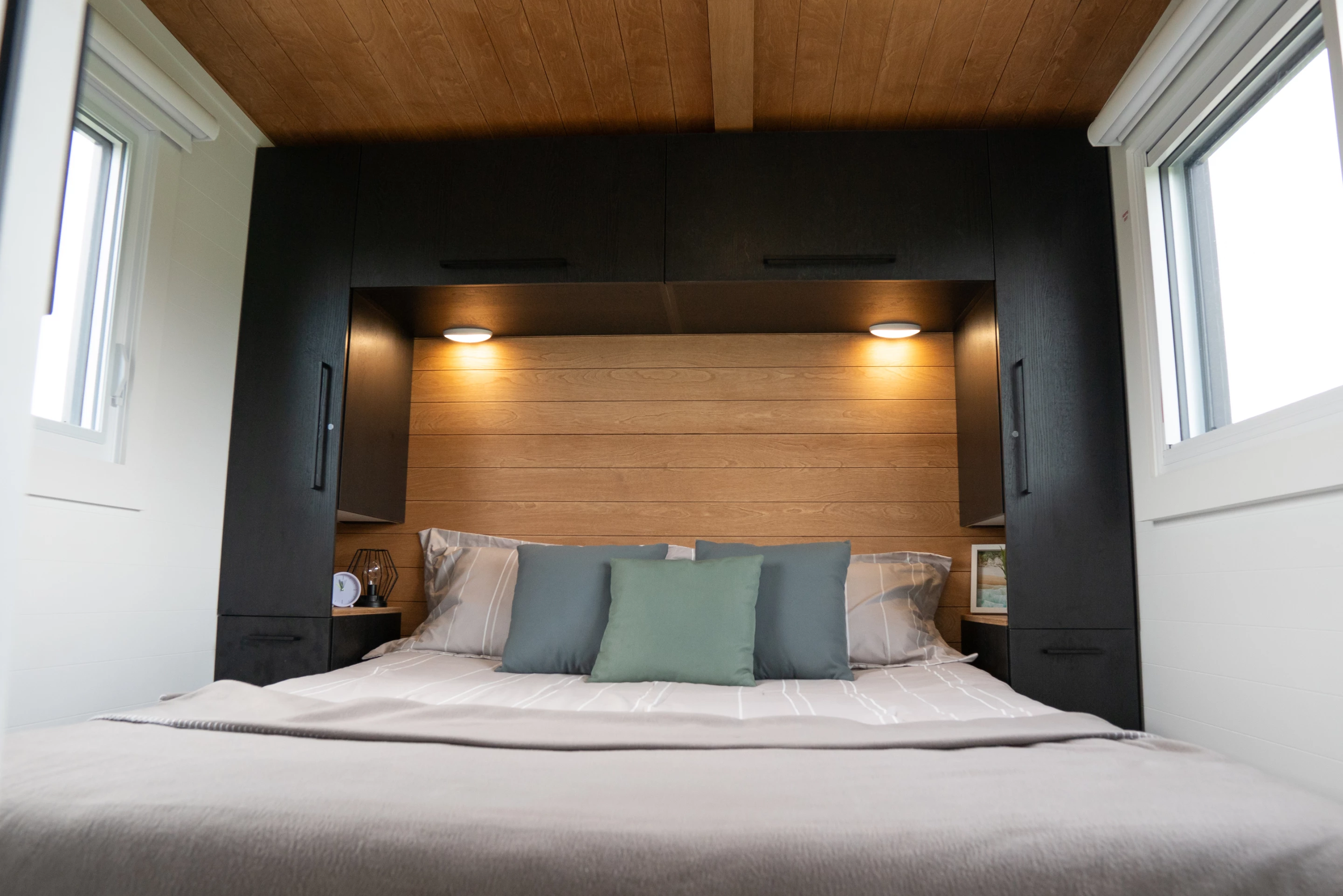 The Nomad 30 has one bedroom, and has ample headroom for standing upright, as well as a double bed and some storage space