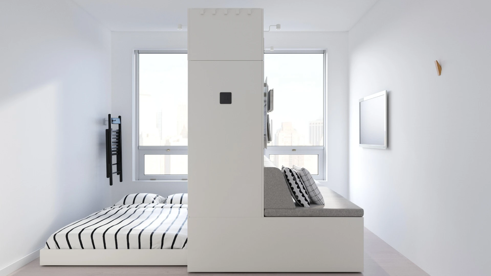 Rognan robotic furniture is a multi-purpose unit featuring a smart robotic platform that optimizes the use of small spaces or single-room living