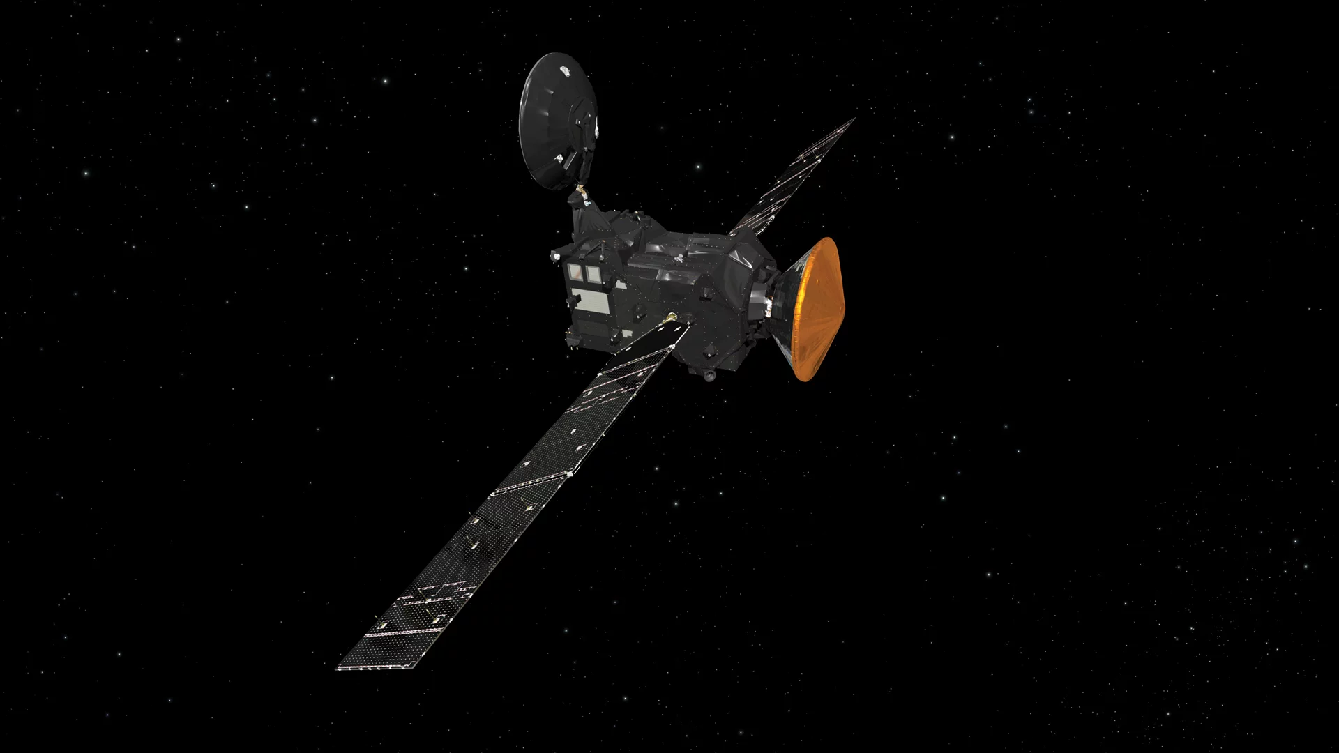 Artist's impression of the ExoMars 2016 Trace Gas Orbiter on its journey to Mars with the entry, descent and landing demonstrator module, Schiaparelli, attached