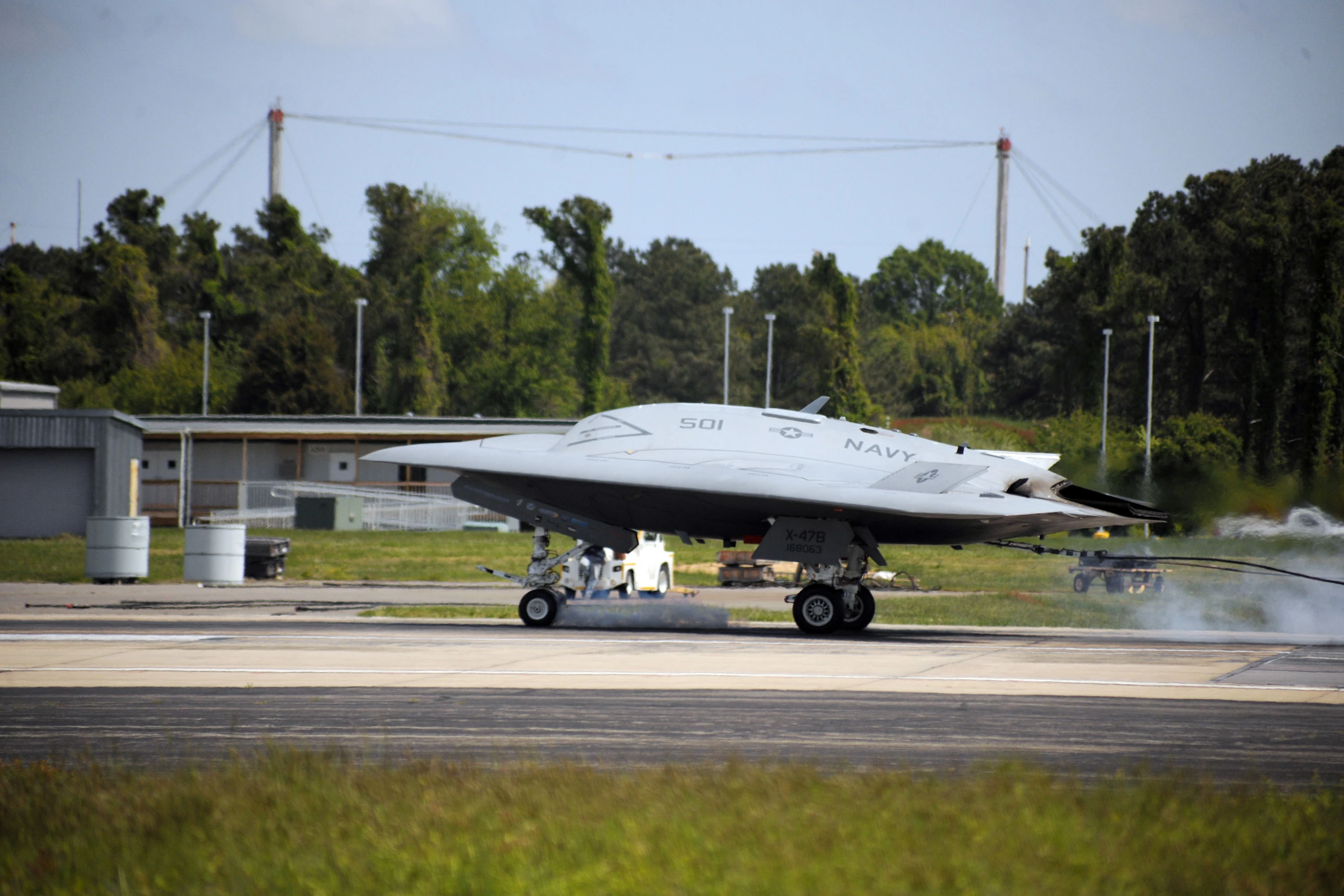 The X-47B catching the arrester cable