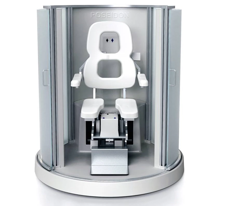 The Poseidon features an ergonomic seat that extends out of the cylindrical shower stall on a telescopic arm, allowing the user to swing themselves from their wheelchair into it