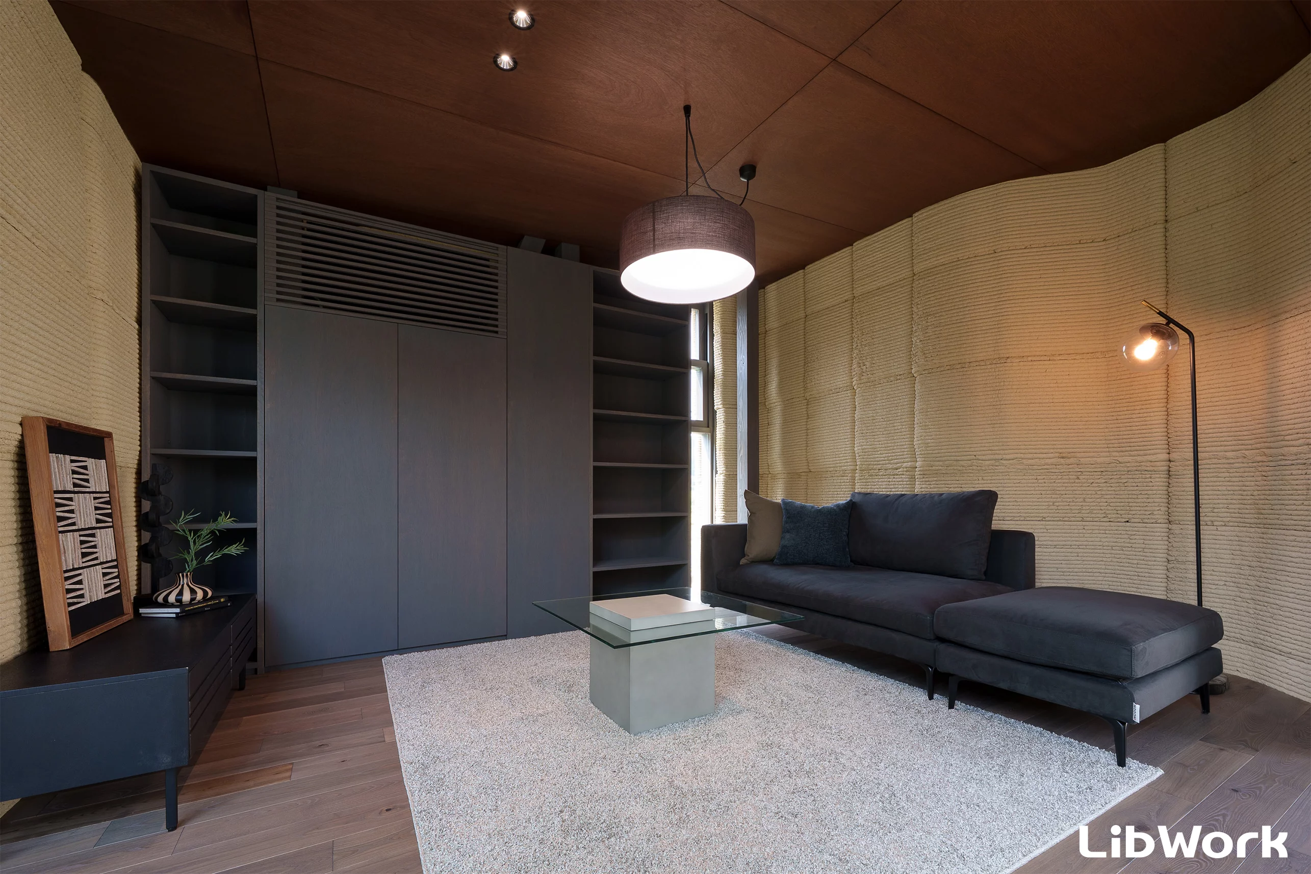 Lib Earth House Model B's basic structure was printed, with human builders then finishing it off