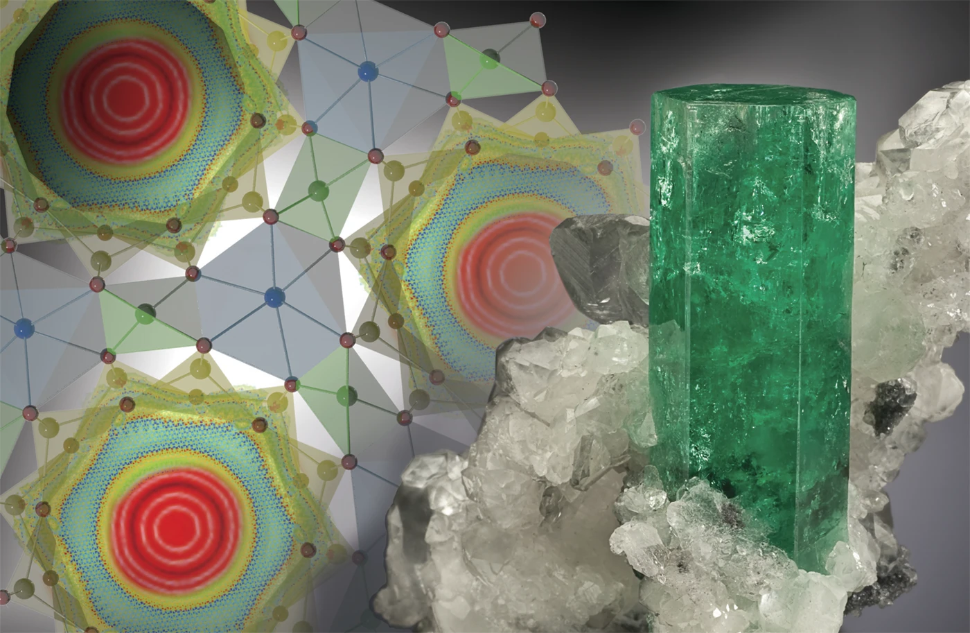 A sample of beryl and an illustration that shows the strange shape water molecules take when found in the mineral's cage-like channels