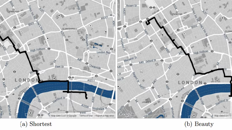 Researchers at Yahoo Labs are creating maps that can show the user the most beautiful, most pleasant or quietest routes, rather than just the shortest