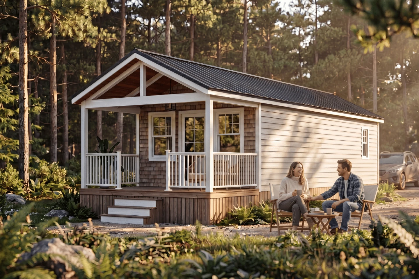 This "tiny" house is really a cottage, and the porch does the bragging