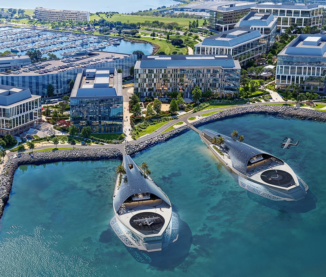 A rendering showing the Kilroy Oyster Point mixed use campus in San Francisco, featuring a proposed Archer Sea Portal mobility hub