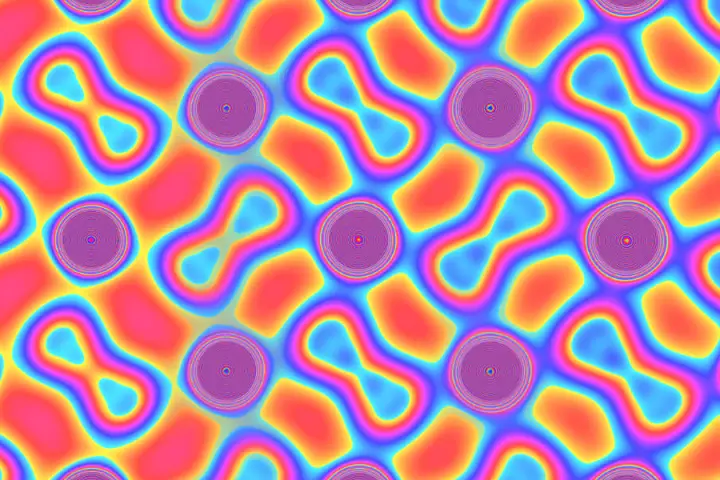 An illustration depicting how the new material works – normally, the manganese atomic ions (purple circles) and the disulfur molecular ions (figure-8s) are separated (left of frame). But under pressure, they move closer together (right of frame) changing the conductivity of the material