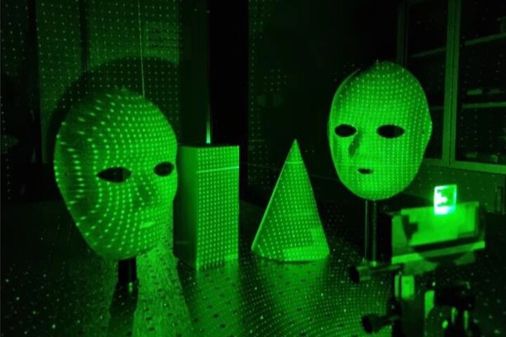 A nano-scale metasurface lens splits a single laser beam into 10,000 points across a full 180-degree field of view, allowing an entire hemisphere of vision to be depth-mapped using a novel LiDAR device