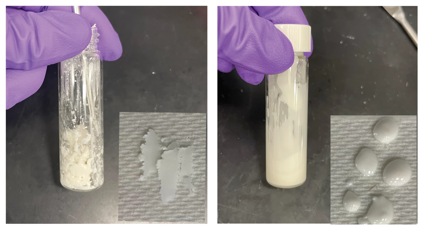 Spray-dried protein microparticles without the MoNi coating form paste-like materials (left), whereas those spray-dried with MoNi form injectable suspensions that flow like liquids (right)