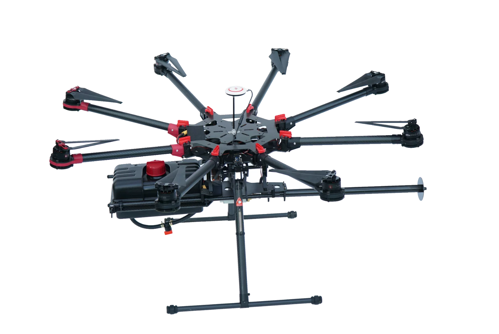 The TF-19 Wasp drone flamethrower attachment is shown here mounted on a commercial grade, professional drone with a five-pound-plus payload rating