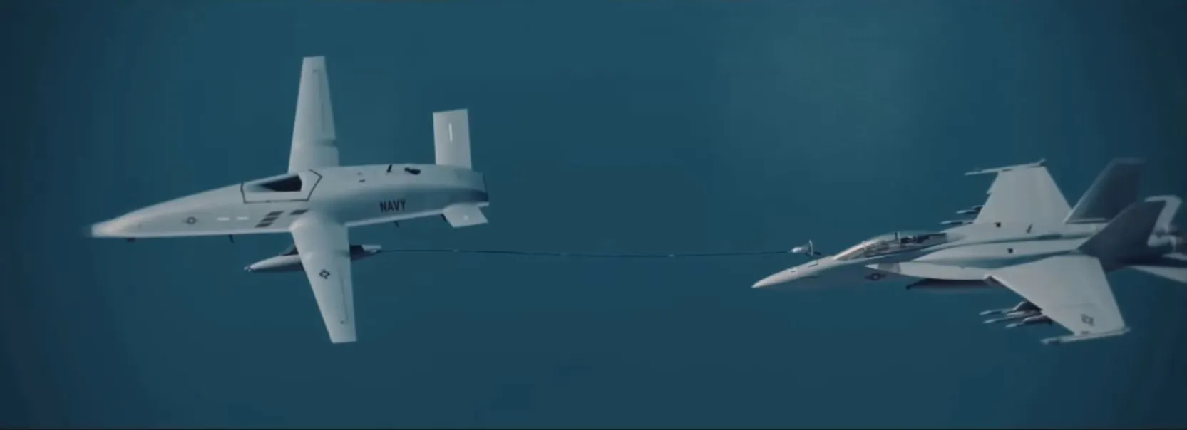 Artist's rendering of the MQ-25 (left) in operation