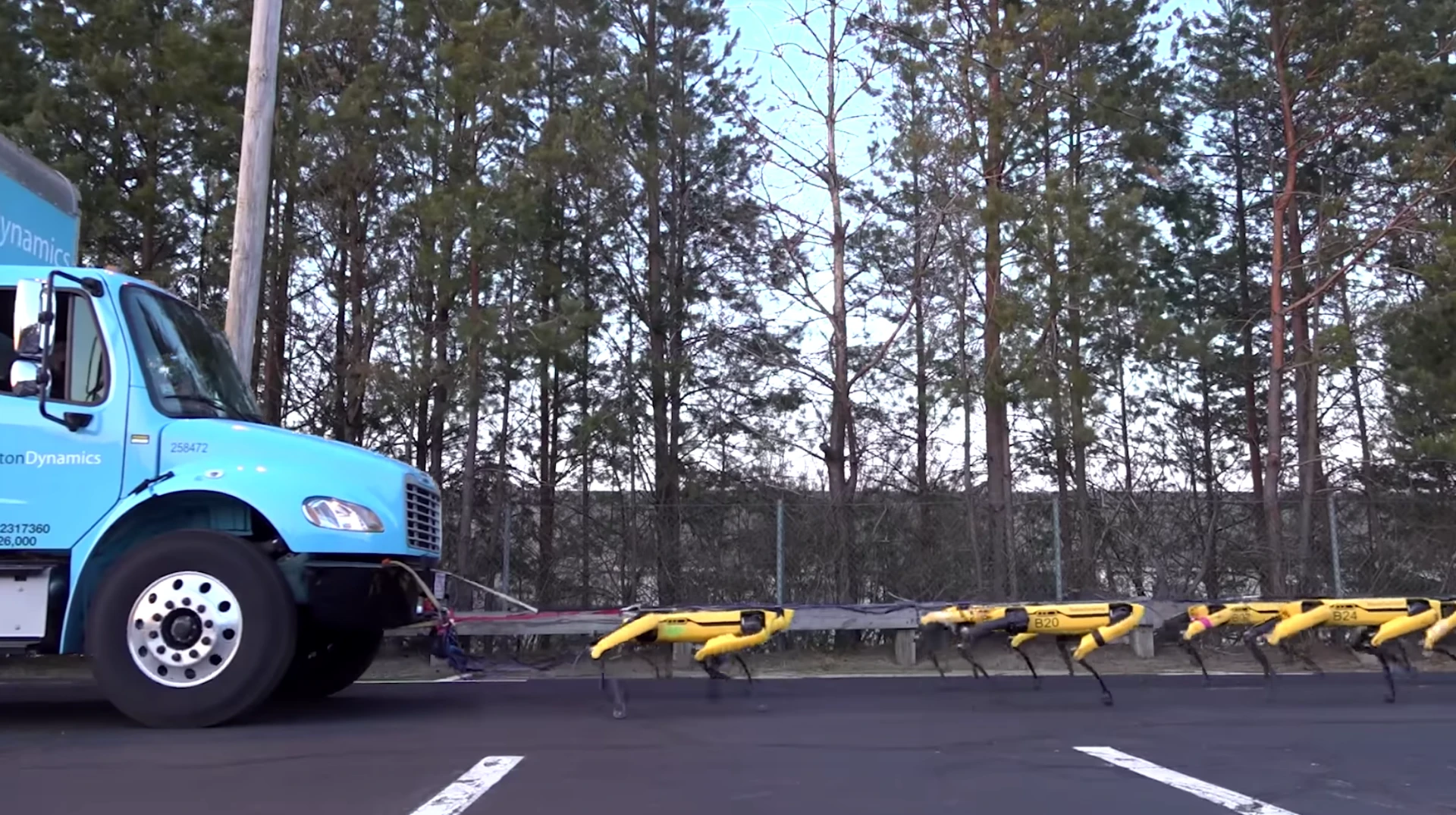 Ten SpotMini bots have been shown to have the strength to pull a small truck