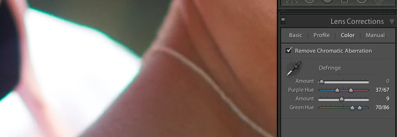 Widening the Green Hue sliders until that blue fringe is gone