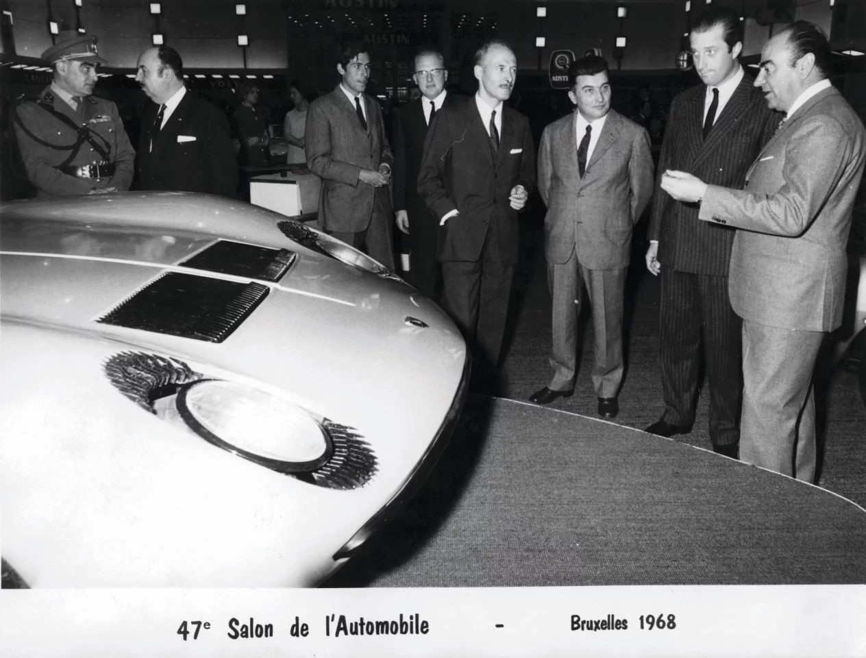 Ferruccio on hand, showing off the Miura at the 1968 Brussels Auto Show