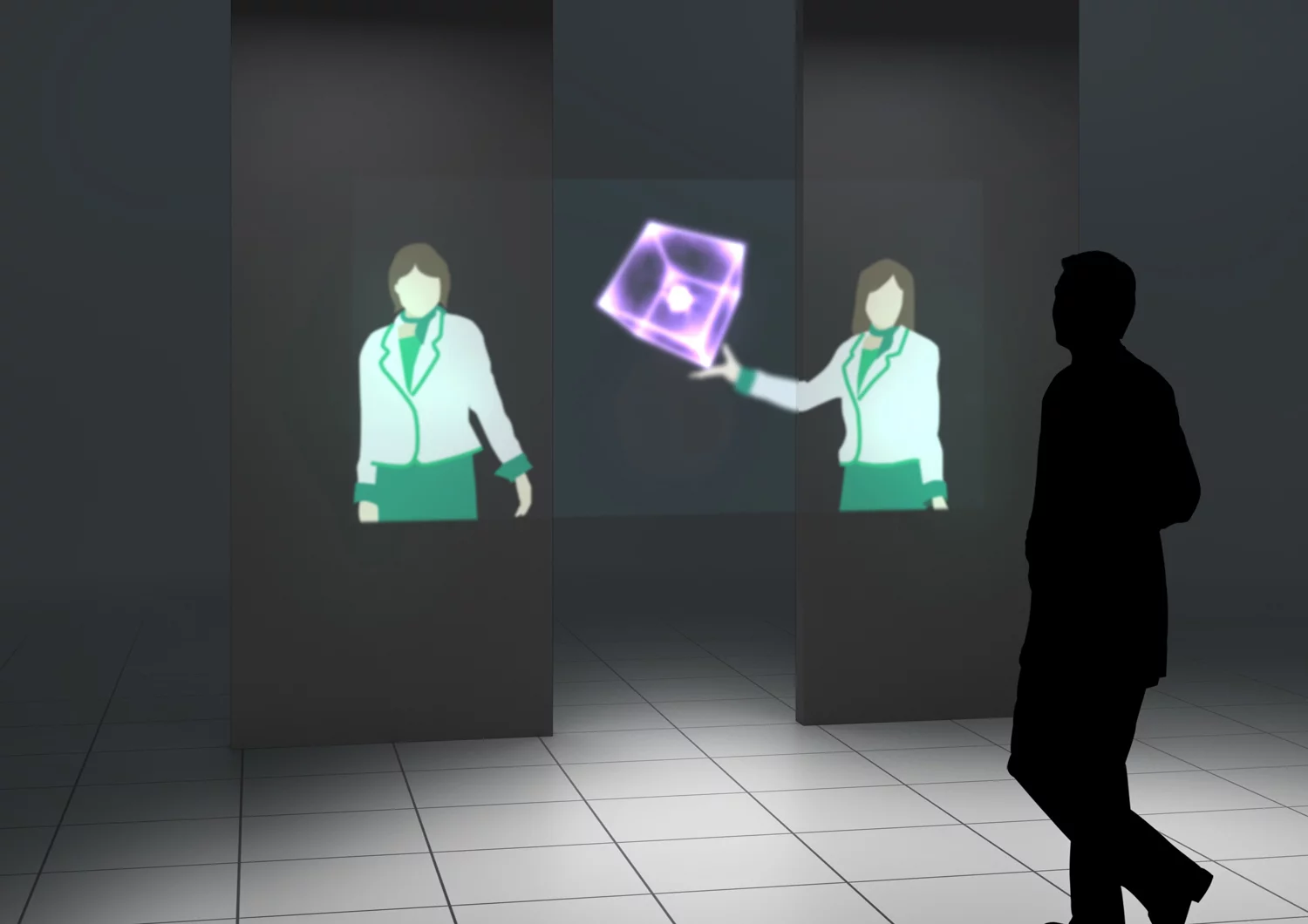 An aerial display image (cube at center) with so-called guide images to either side