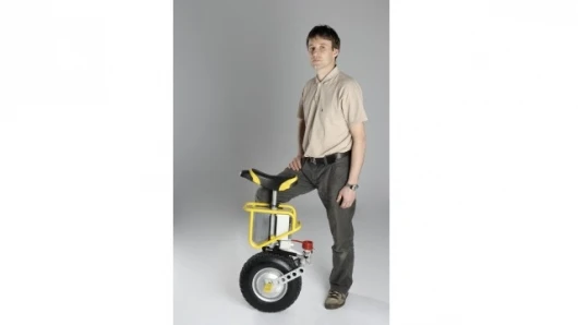 The eniCycle is a self-balancing electric unicycle, shown here with inventor Aleksander Polutnik