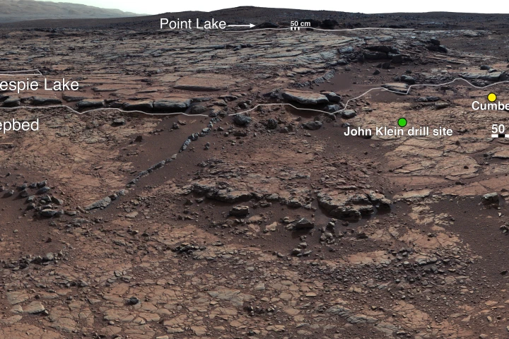 View of Yellowknife Bay formation with drilling sites (Image: NASA/JPL-Caltech/MSSS)