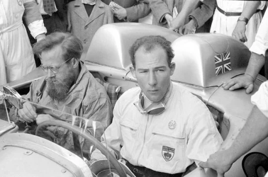 Journalist Denis Jenkinson and Moss prior to the start of the event. As a navigator Denis Jenkinson was the pioneer of the road-book navigation technique subsequently adopted for modern rallies and historic car races. Jenkinson died five years ago