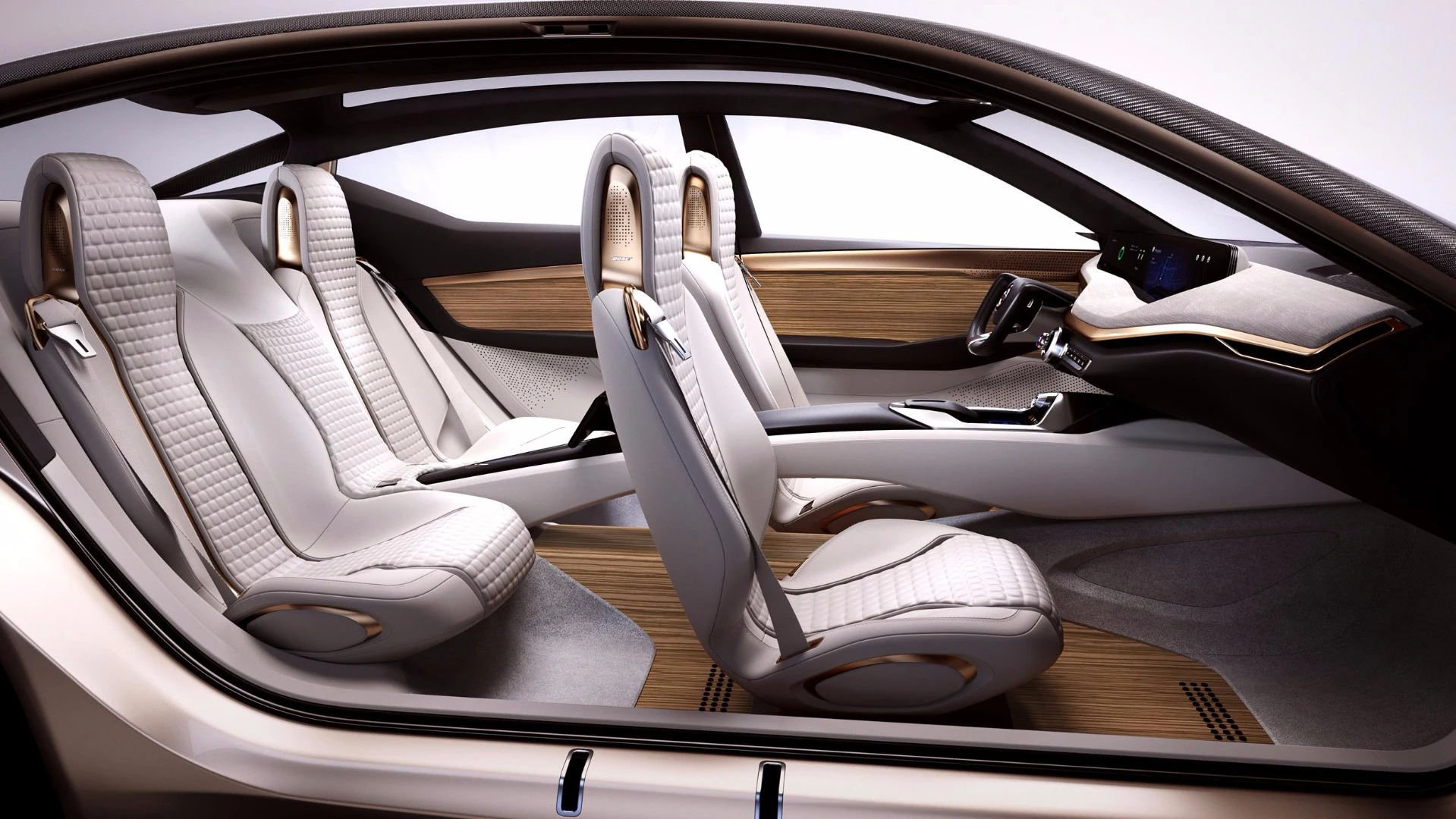 The rear seats are mounted to the back wall of the sedan to create a “floating” effect when viewed from this outside-in angle