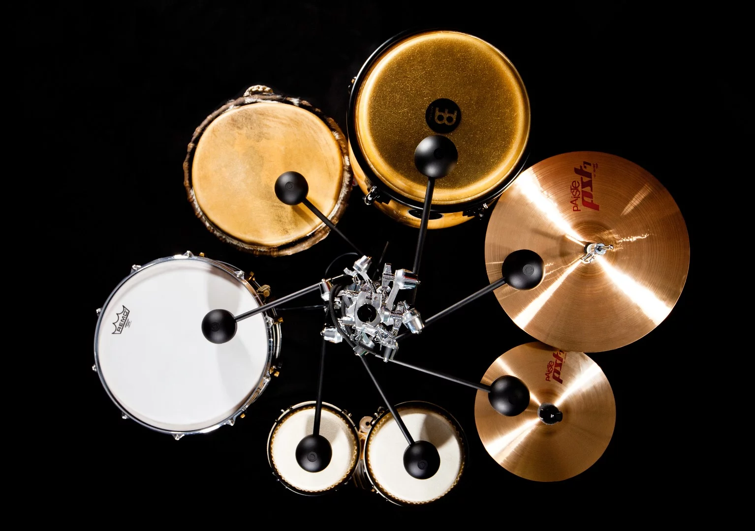 The ball-ended beaters can be mounted on a stand to accommodate instruments of differing heights