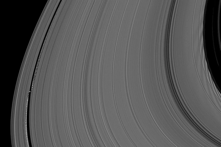 The density rings in Saturn's A ring caused by a team of moons look like grooves in a vinyl record