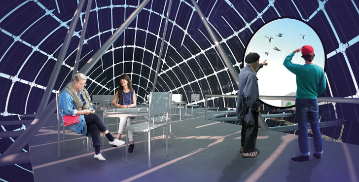 Sunlight filters through the small spaces between the exterior solar panels, providing a kaleidoscope-like view of Copenhagen