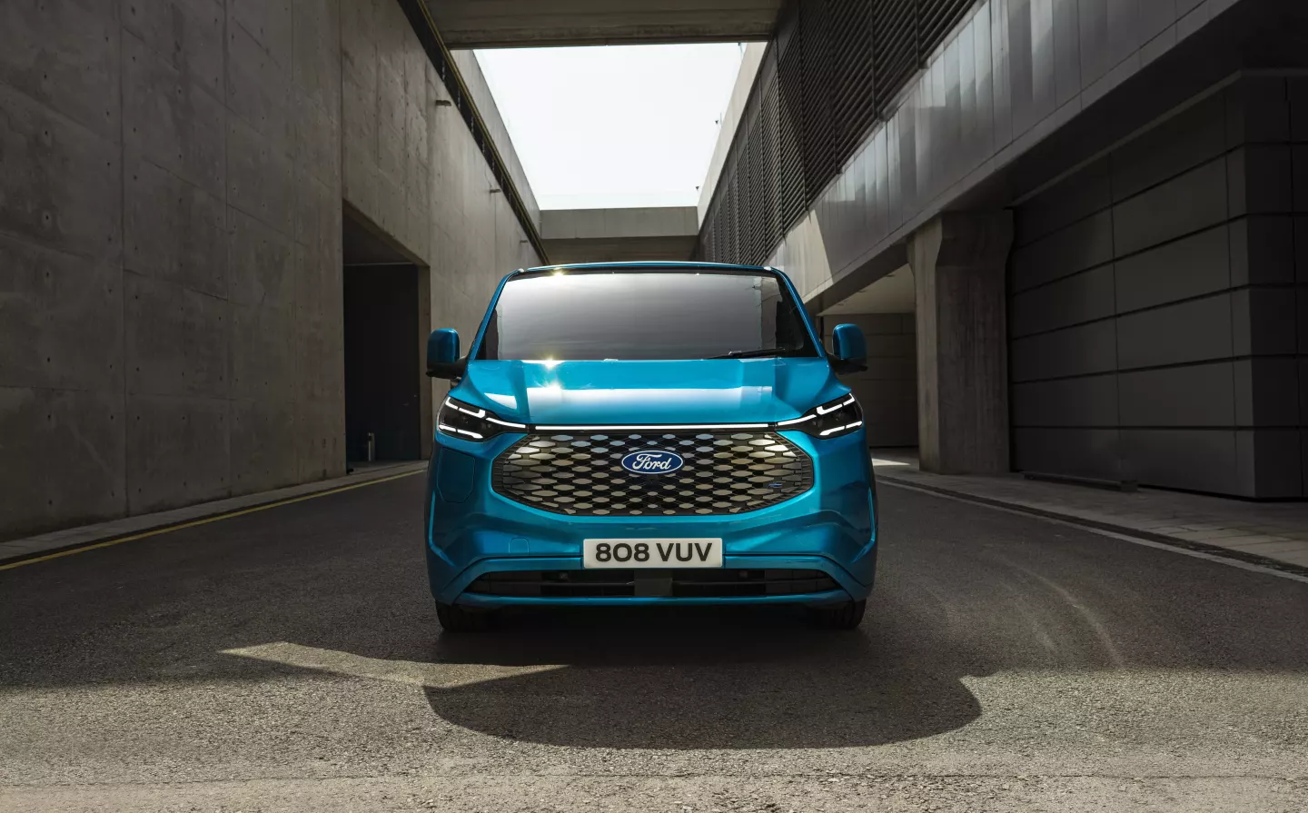 Ford gives the E-Transit Custom signature styling, particularly up front