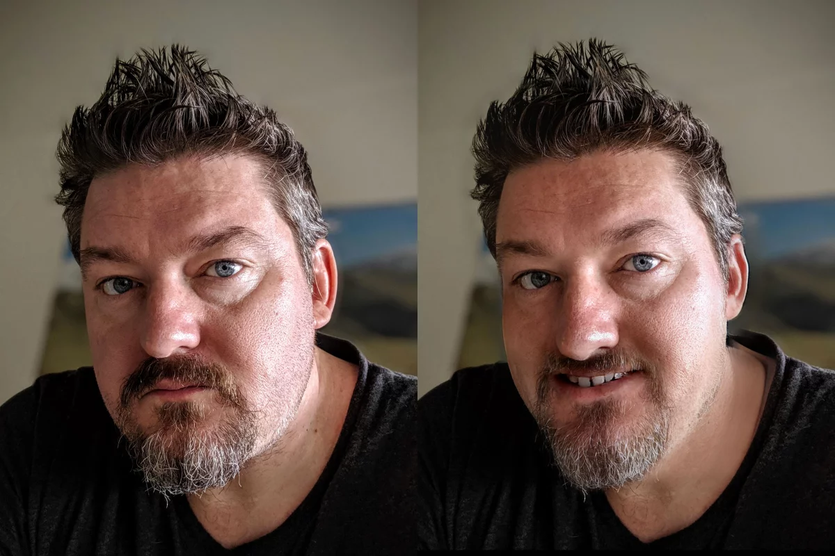 The Smart Portrait beta in the Neural Filters menu allows you to use sliders to change how happy, surprised or angry a face is, as well as changing the angle of the head, the age of the subject, and the direction of the eyes. Results, though, can get a bit weird. So that's what I look like when I'm happy!