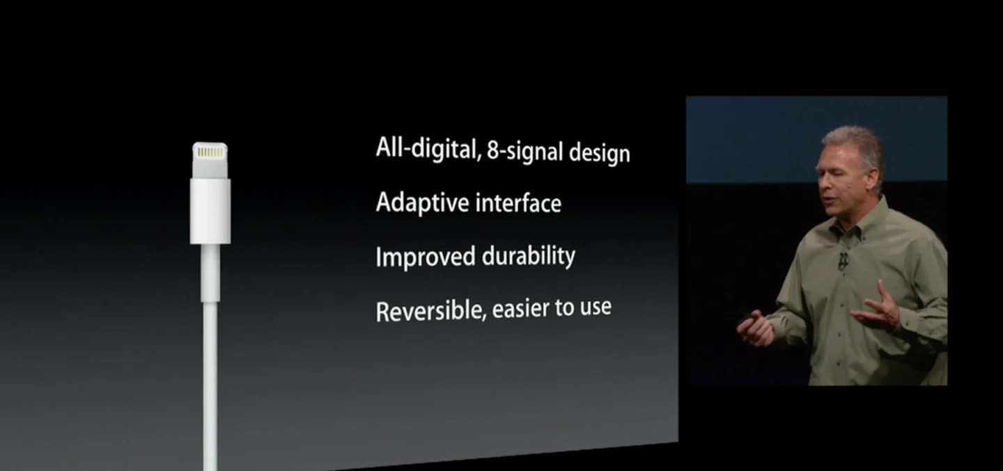 Apple VP of worldwide marketing Phil Schiller introduces the Lightning connector at the iPhone 5 launch event in September 2012