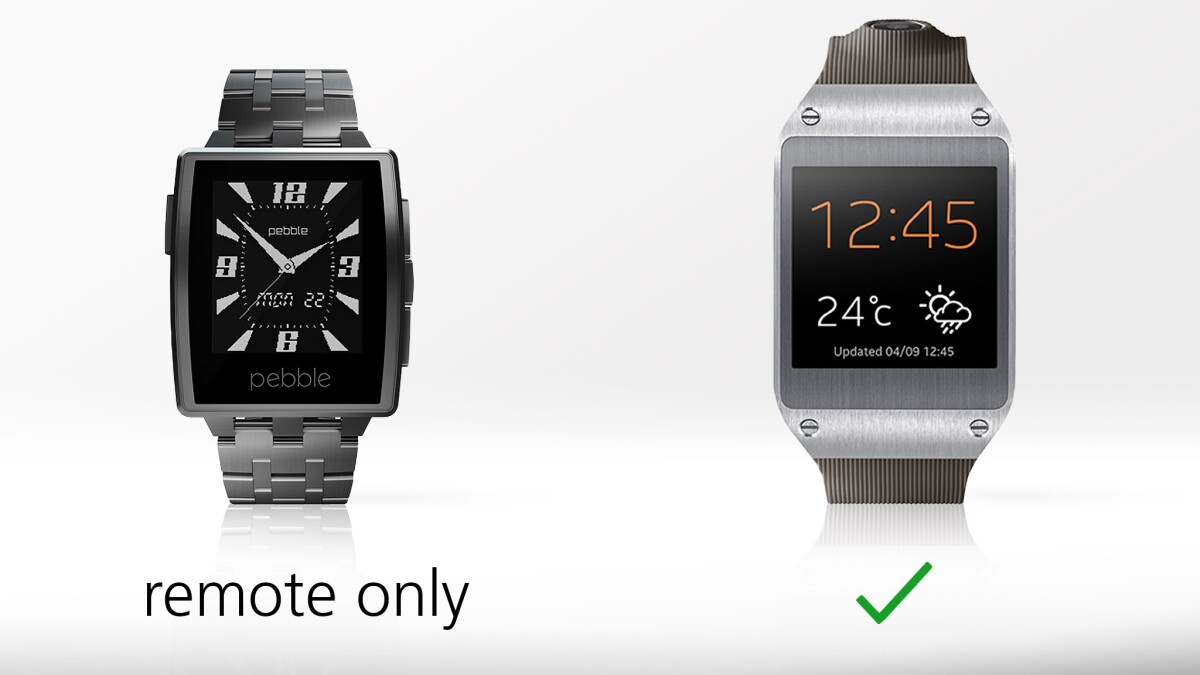 You can use your Galaxy Gear as a phone, while the Pebble is limited to acting as a call-rejection remote for your phone