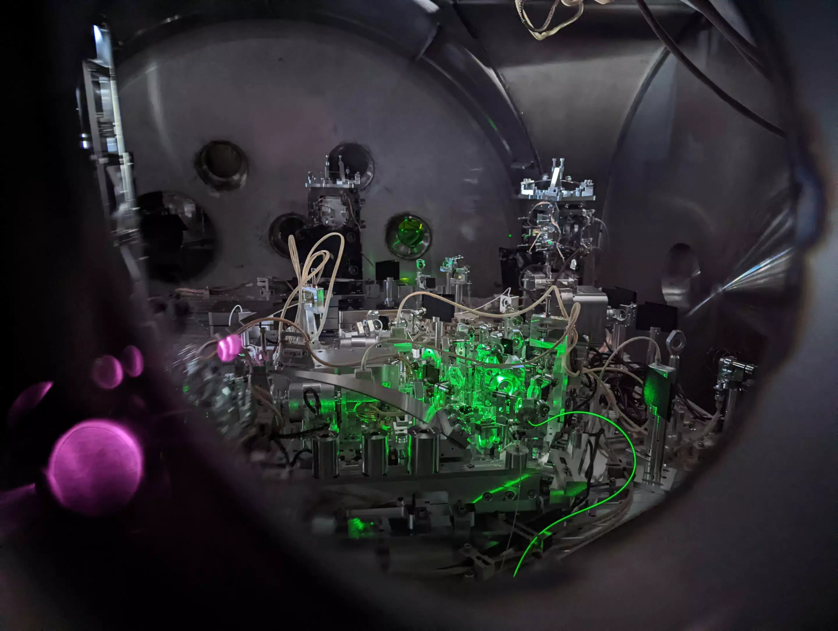 The squeezed light source at LIGO, with green light being run through it