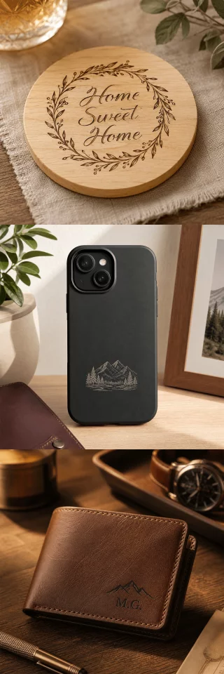The T1 can engrave designs on leather, wood, fabric, coated acrylic, and more