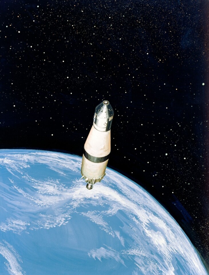 Artist's concept of Apollo 8 and its S-IVB stage in parking orbit