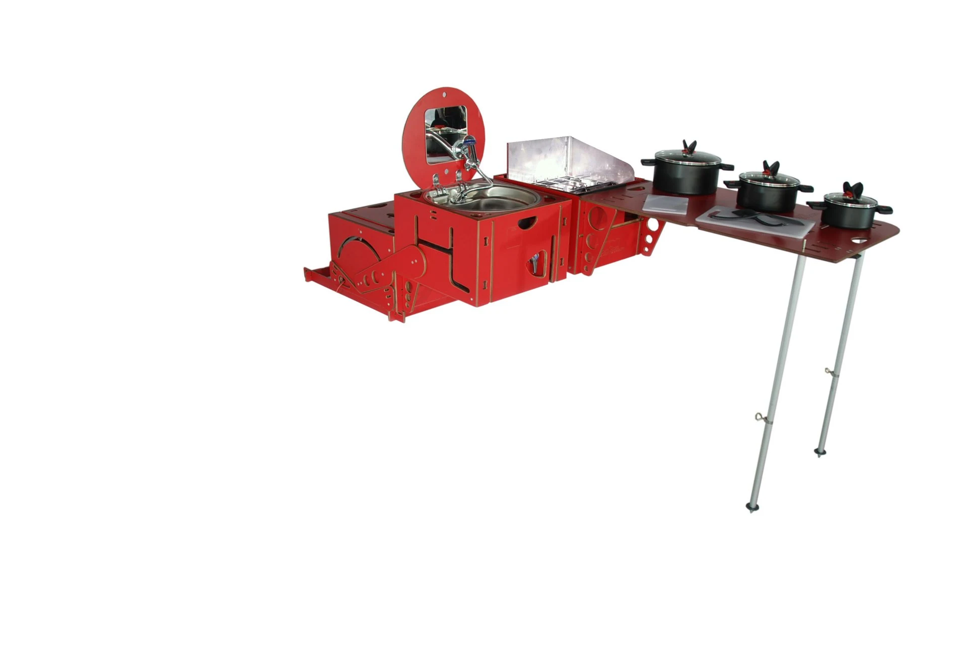 You get a sink, dual-burner stove and optional cookware