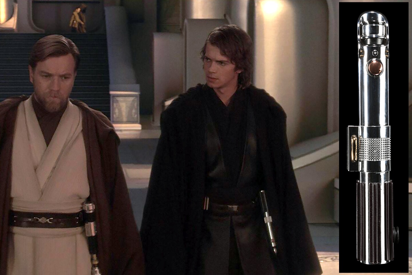 This Lightweight Belt Lightsaber was used by Anakin Skywalker (Hayden Christensen) in "Star Wars: Revenge Of The Sith" (2005). It was sold for $300,713 (£225,000) at a Propstore Auction on 11 November 2021
