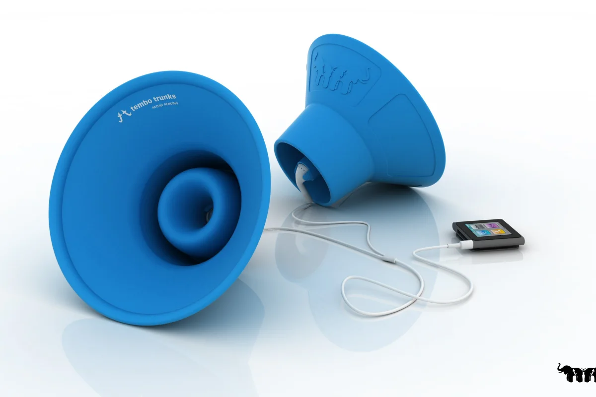 Scott and Mike Norrie have designed some fold-away, lightweight, power-free iPod earbud amplifiers called Tembo Trunks