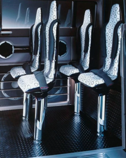 Tall stool-like seats enable the occupants of the Fuya Jo to dance and semi-lean