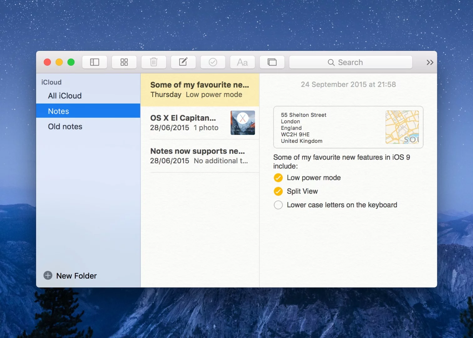 Notes gets support for checklists, maps and pictures, as in iOS 9