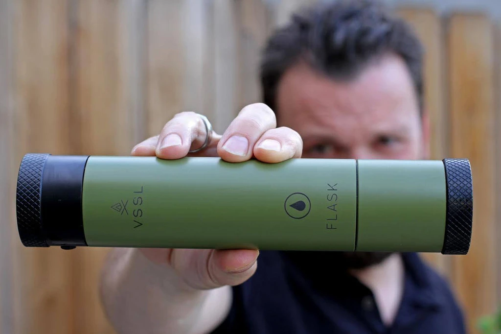 The VSSL Flask offers three functions in one: a flashlight, a drinks flask, and a compass