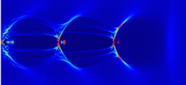 Computer simulation of the plasma wakefield as it evolves over the length of the 9-cm long channel. (Image: Berkeley Lab)