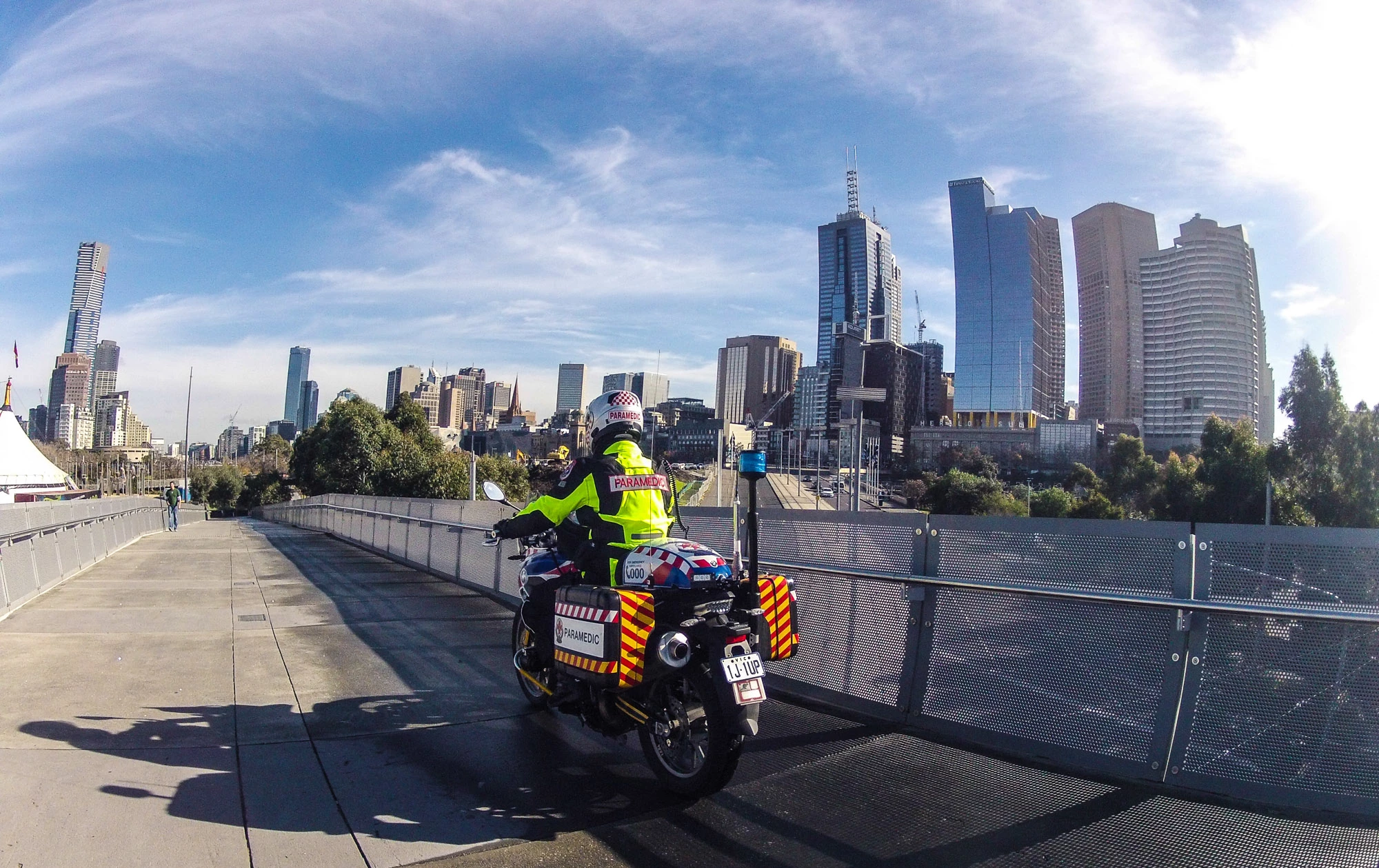 "The paramedic motorcycle is still in its trial phase - and the bikes themselves are a trial within a trial. Originally we started out using the Gilera Fuoco 500cc three-wheeler, with the two wheels at the front. There were a few mechanical issues that made it less fit for purpose. It struggled getting up onto gutters, for example.The BMW F800 is a nice weight, it's great for dawdling along at walking pace, which we do a lot. It loves to hop up on gutters under its own steam and it's got a lot of protective gear like the engine guard and what not to keep it protected."